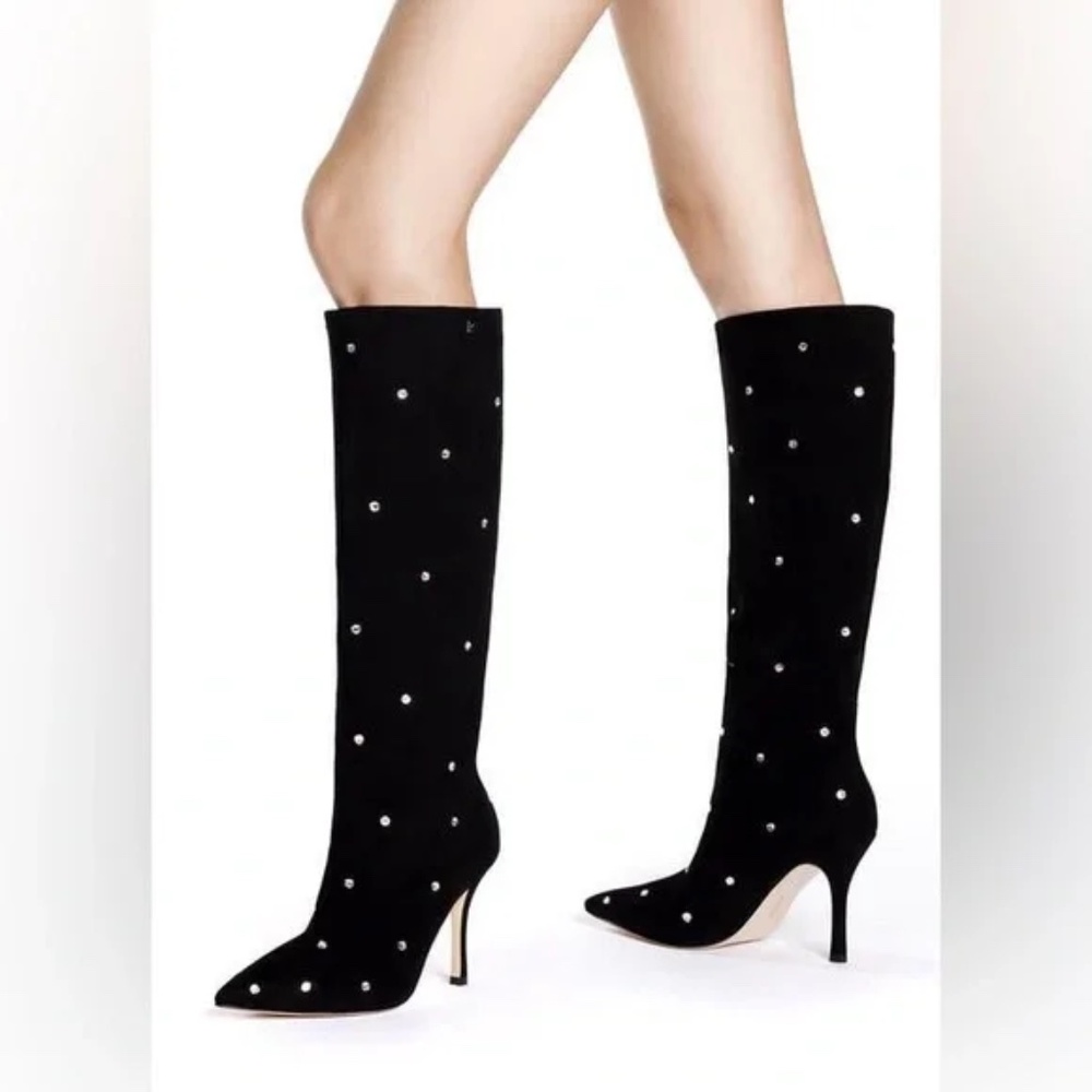 BRAND NEW LARROUDE BLACK SUEDE BOOTS SWAROVSKI CRYSTAL EMBELLISHMENT SIZE 8.0
